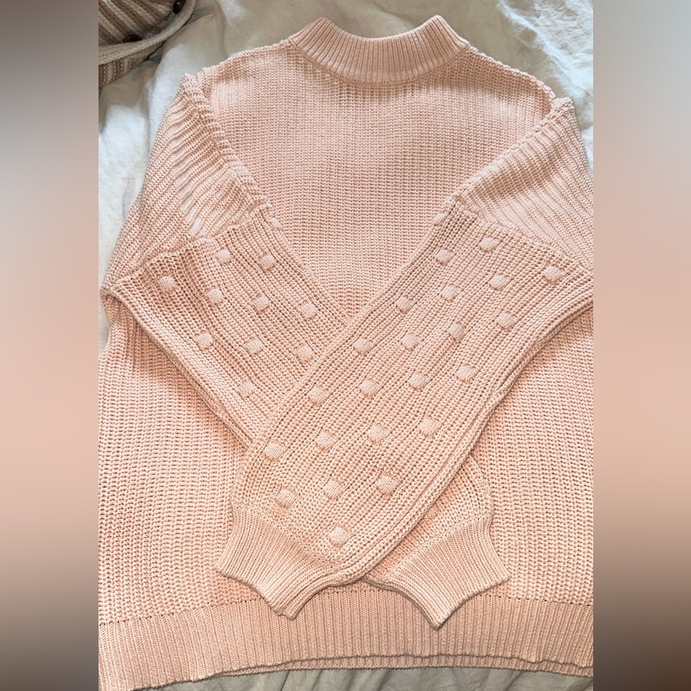 O'Neill Pink Crew Neck Sweater with Ribbed Texture and Pearl Embellishments